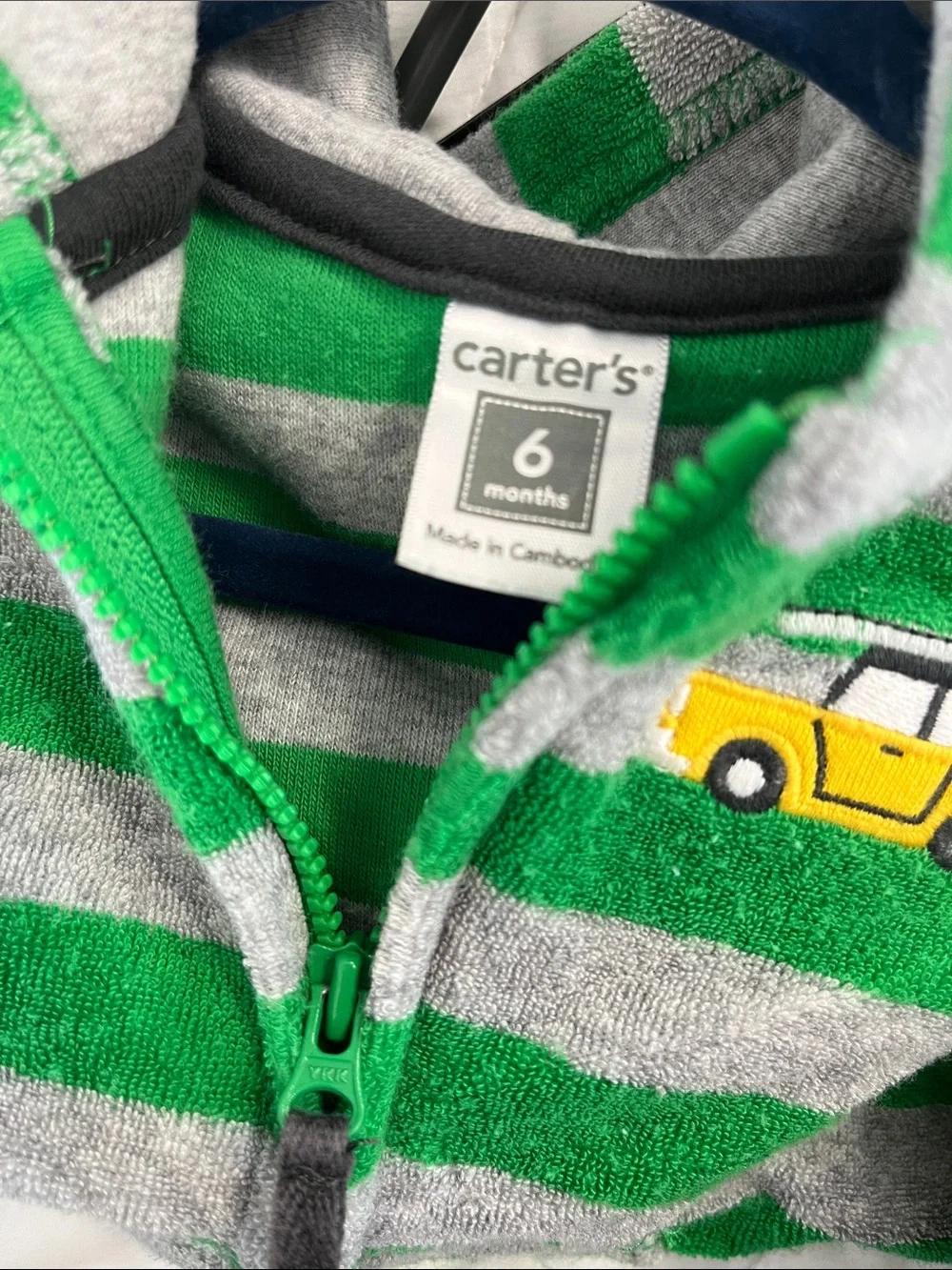 Carter's Green & Gray Striped Hooded Zip-Up with Yellow Car Patch